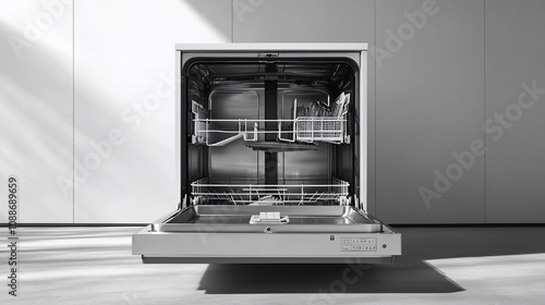 Open dishwasher showing interior racks and clean design.