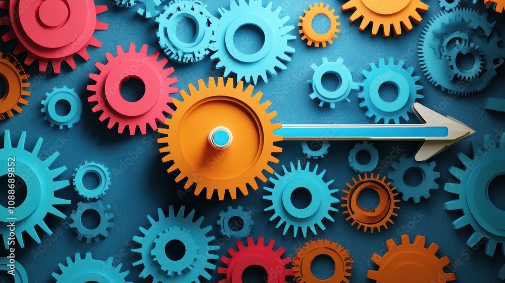 Colorful gears and an arrow combine to illustrate streamlined business process automation, showcasing creativity and innovation. Colorful gears and an arrow combine to illustrate streamlined business process automation, showcasing creativity and innovation.