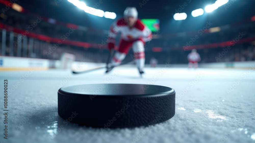 Fototapeta premium A professional hockey puck on ice mockup with detailed ice spray and a player in action in the distance.