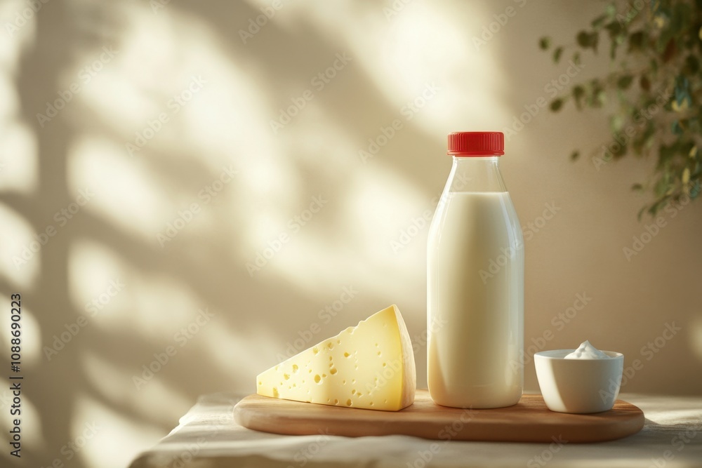 A glass bottle of milk sits on a wooden table next to a wedge of cheese A glass bottle of milk sits on a wooden table next to a wedge of cheese
