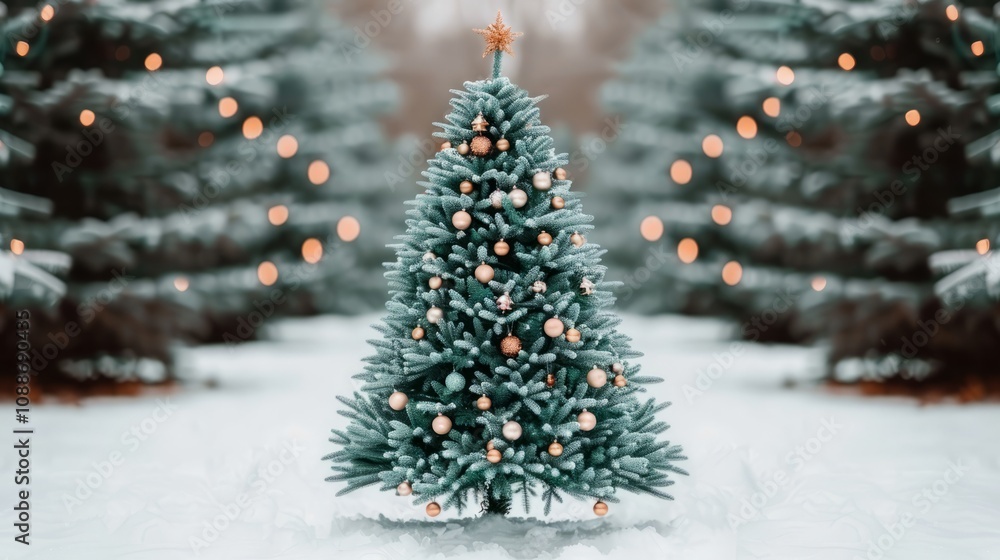 Obraz premium Snowy Christmas tree with ornaments and lights.