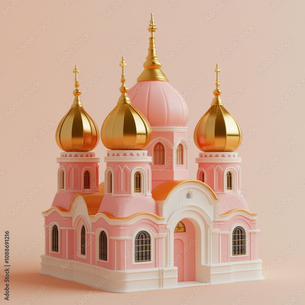 Obraz premium Whimsical Pink and Gold Russian Orthodox Cathedral