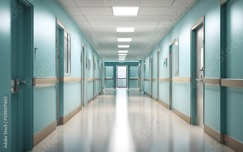 Bright modern hospital corridor with clean lines and a sterile environment