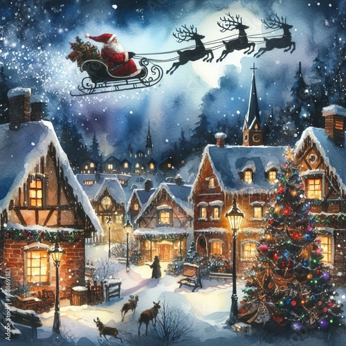 Christmas Village - Santa flying with Sleigh over Village Xmas Eve - Watercolor Winter and Christmas Setting - Greeting Card - Traditional Dickens Style Nostalgic Victorian Painted Illustration