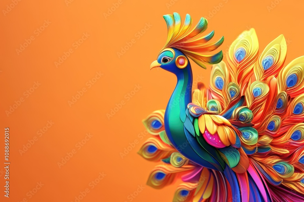 A colorful peacock is standing on a bright orange background A colorful peacock is standing on a bright orange background