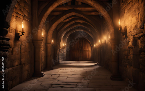 Dimly lit medieval stone castle corridor