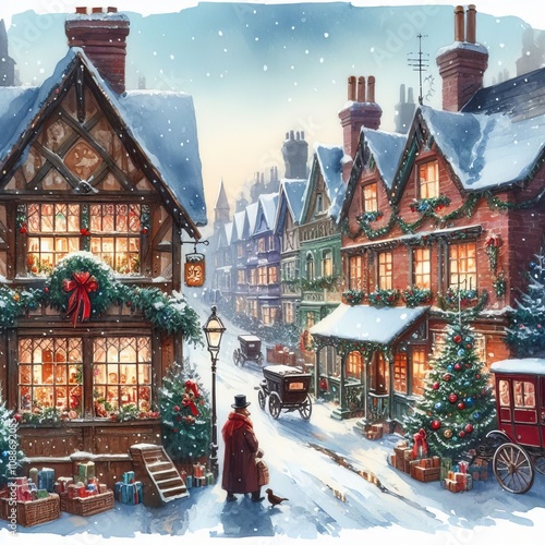 Christmas Village - Santa flying with Sleigh over Village Xmas Eve - Watercolor Winter and Christmas Setting - Greeting Card - Traditional Dickens Style Nostalgic Victorian Painted Illustration