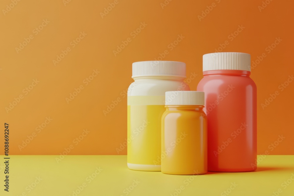 Three colorful jars are lined up on a pink background Three colorful jars are lined up on a pink background