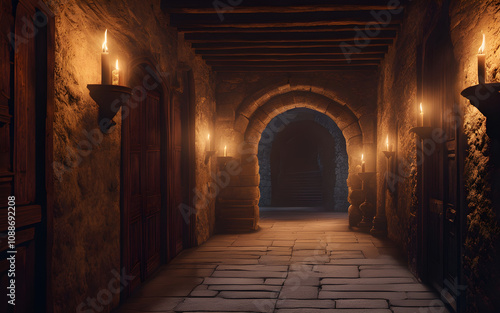 Dimly lit medieval stone castle corridor