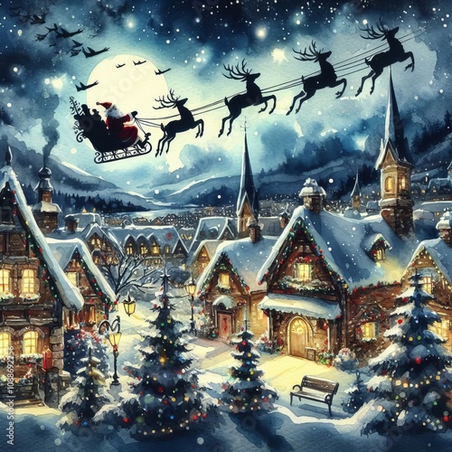 Christmas Village - Santa flying with Sleigh over Village Xmas Eve - Watercolor Winter and Christmas Setting - Greeting Card - Traditional Dickens Style Nostalgic Victorian Painted Illustration