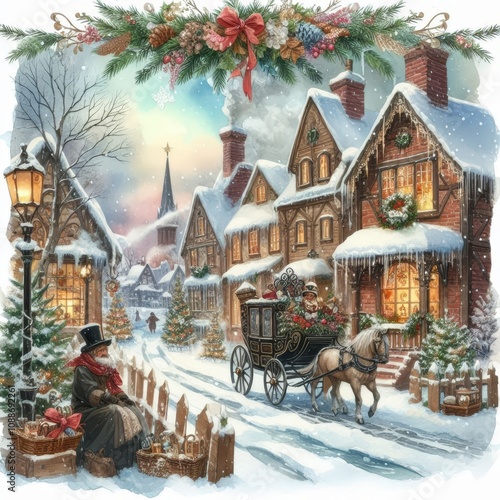Christmas Village - Santa flying with Sleigh over Village Xmas Eve - Watercolor Winter and Christmas Setting - Greeting Card - Traditional Dickens Style Nostalgic Victorian Painted Illustration