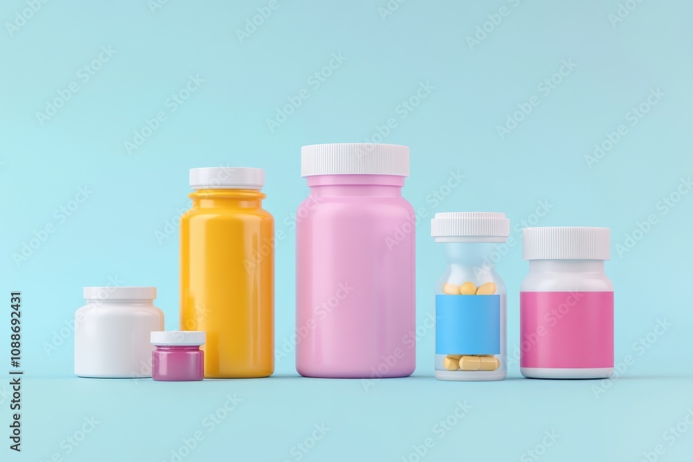 Three colorful jars are lined up on a pink background Three colorful jars are lined up on a pink background