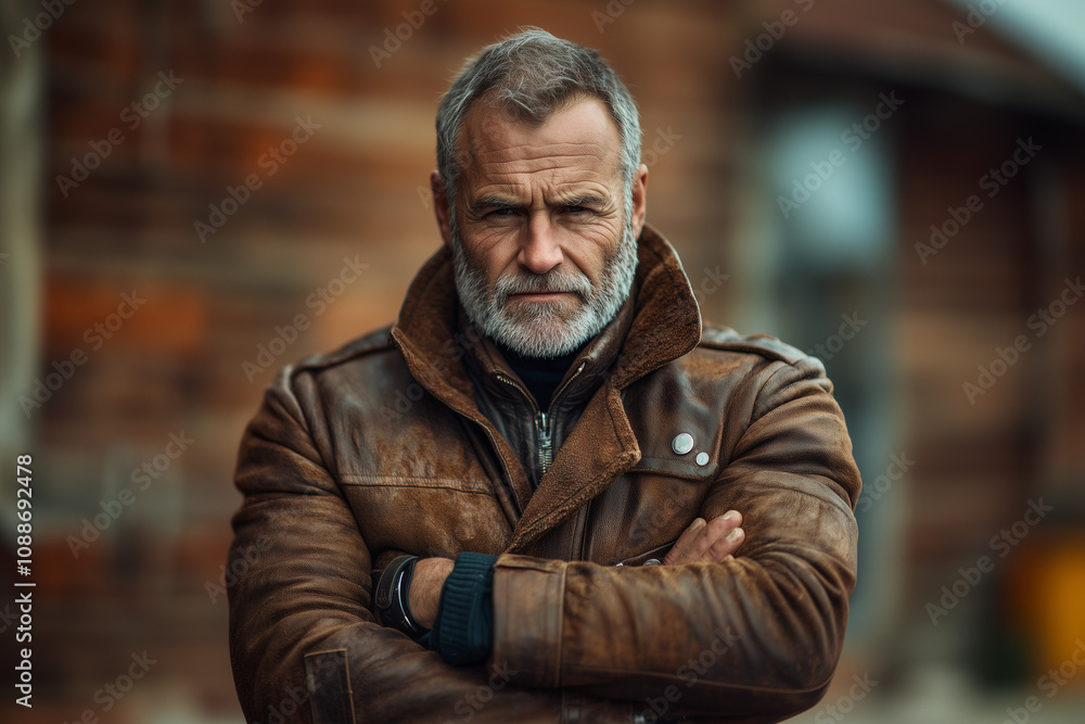 A stylish elderly man in a brown leather jacket outdoors on a brick wall background. A stylish elderly man in a brown leather jacket outdoors on a brick wall background.