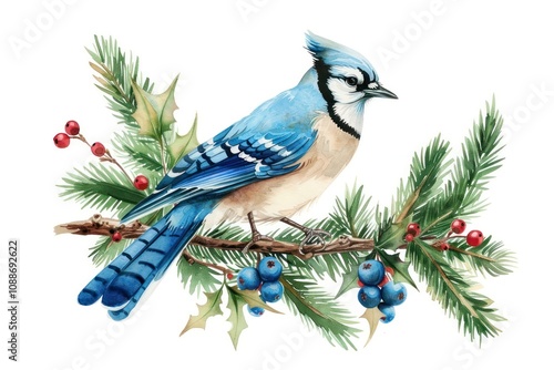 Blue jay perched on pine branch photo