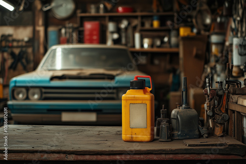 A canister of motor oil on a workbench in a garage with a car in the background and an open hood...