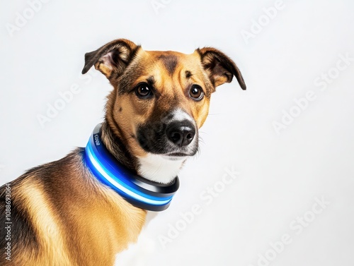 Dog with GPS collar for tracking. Young dog wearing glowing collar for location tracking.  photo