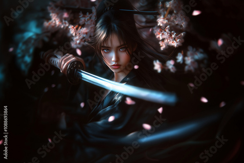 A beautiful Asian girl a warrior holding a katana sword on a blooming sakura flowers background...