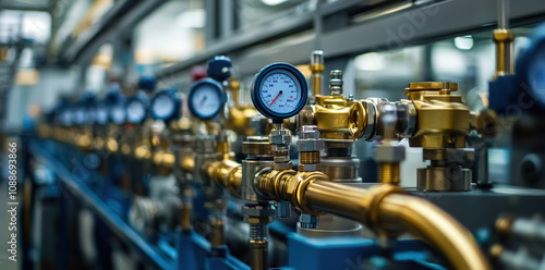 Precise close-up of valves and gauges on industrial machinery