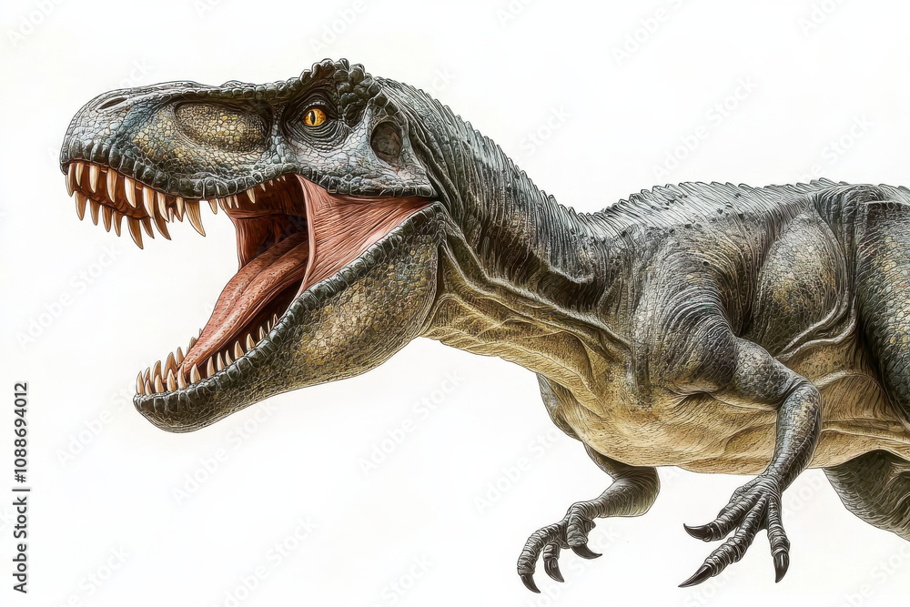 Naklejka premium detailed illustration of roaring Tyrannosaurus rex dinosaur, showcasing its powerful jaws and textured skin. This prehistoric creature evokes sense of awe and fascination