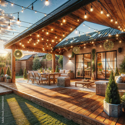 The image shows an outdoor patio area with a wooden deck, a roof with string lights, and a view of the interior of a house.