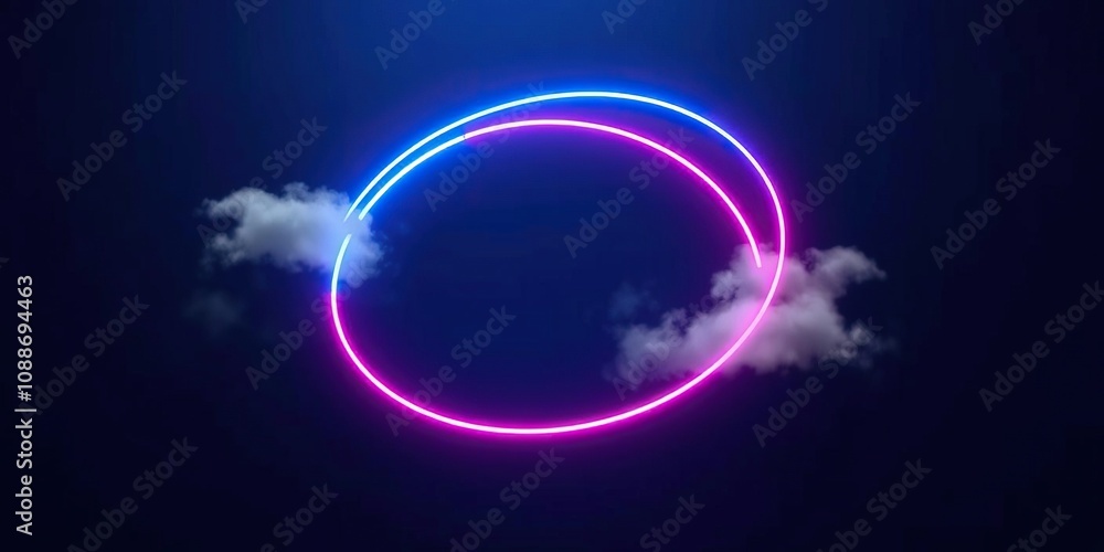A delicate pink and blue neon band wraps around a dark blue backdrop as wispy white clouds gently caress its edges in soft, feathery motions, neon ring, ethereal, pink A delicate pink and blue neon band wraps around a dark blue backdrop as wispy white clouds gently caress its edges in soft, feathery motions, neon ring, ethereal, pink