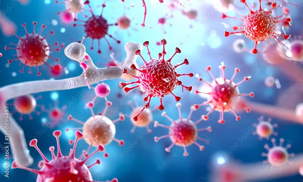 Microscopic view of red and white cells, possibly viruses or bacteria, connected by thin white strands. Microscopic view of red and white cells, possibly viruses or bacteria, connected by thin white strands.