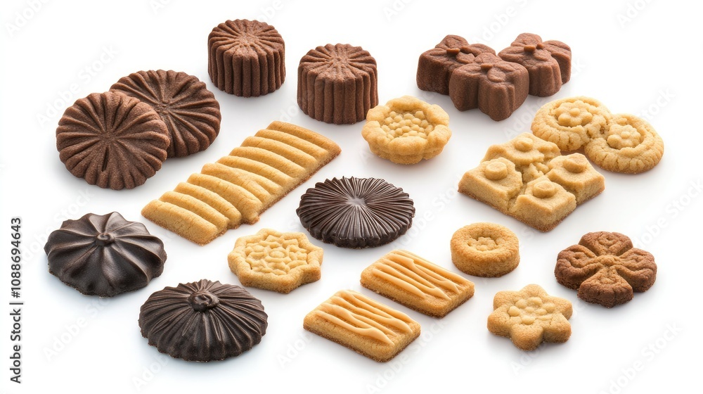 A variety of fresh cookies on a white background, showcasing different shapes and textures. Ideal for dessert-themed designs A variety of fresh cookies on a white background, showcasing different shapes and textures. Ideal for dessert-themed designs
