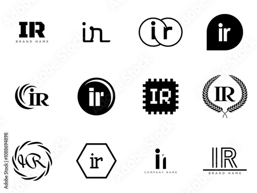 IR logo company template. Letter i and r logotype. Set different classic serif lettering and modern bold text with design elements. Initial font typography.