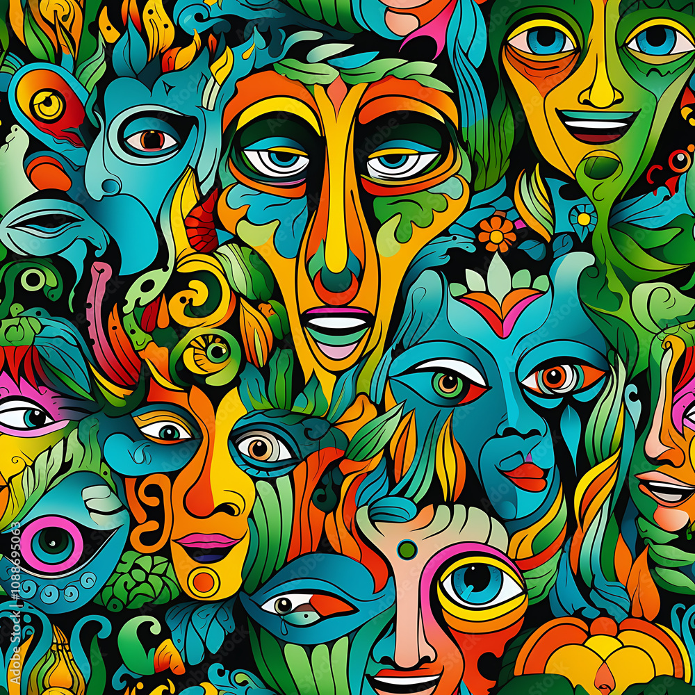 Face art, seamless pattern, the art of colorful faces is limitless Face art, seamless pattern, the art of colorful faces is limitless