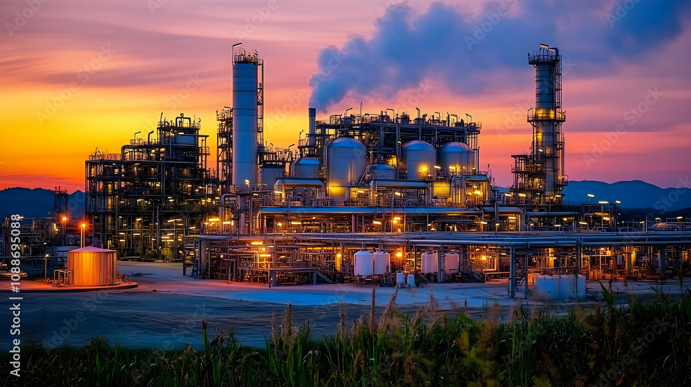 Fototapeta premium A view of a large industrial plant at sunset, with smokestacks emitting steam, and the complex network of pipes and tanks illuminated by the setting sun