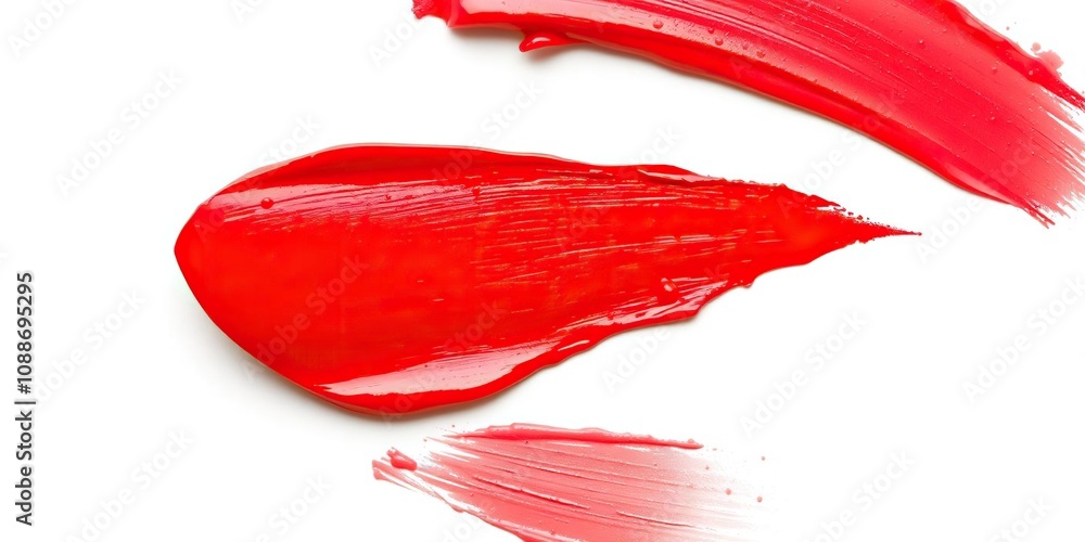 Bright fire engine red lipstick swatch on white background with high shine, poppy, bold, red lipstick Bright fire engine red lipstick swatch on white background with high shine, poppy, bold, red lipstick