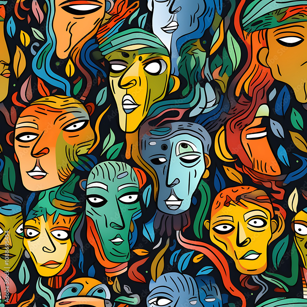 Obraz premium Face art, seamless pattern, the art of colorful faces is limitless