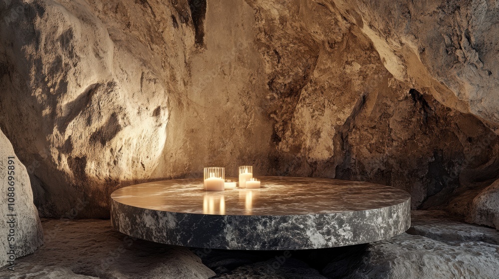 Serene Cave Space Featuring Round Marble Table with Candles, Illuminated by Soft Natural Light, Creating a Tranquil Atmosphere for Relaxation and Reflection Serene Cave Space Featuring Round Marble Table with Candles, Illuminated by Soft Natural Light, Creating a Tranquil Atmosphere for Relaxation and Reflection