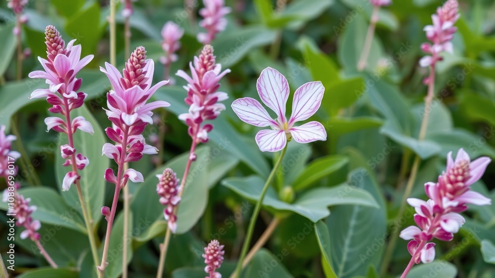 Field bindweed flower with candy cane striped stems and leaves in shades of pink and white, floral patterns, rustic landscapes, botanical illustrations Field bindweed flower with candy cane striped stems and leaves in shades of pink and white, floral patterns, rustic landscapes, botanical illustrations