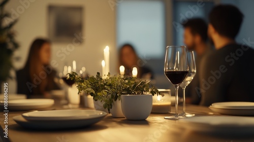 Elegant family dining experience, simple table adorned with white plates and greenery centerpiece, warm ambiance as loved ones share a meal together.