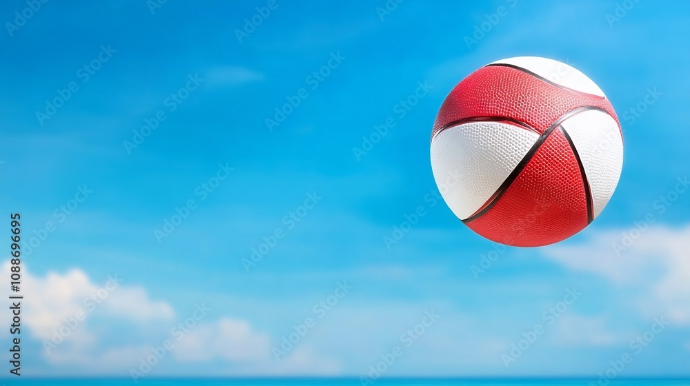 Volleyball Suspended in Mid-air Against Vibrant Blue Sky Volleyball Suspended in Mid-air Against Vibrant Blue Sky