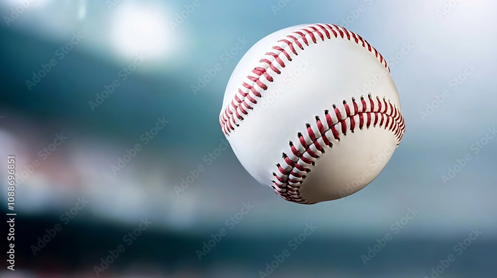 High-Velocity Baseball Spinning Mid-Flight Against Blurred Stadium Backdrop High-Velocity Baseball Spinning Mid-Flight Against Blurred Stadium Backdrop