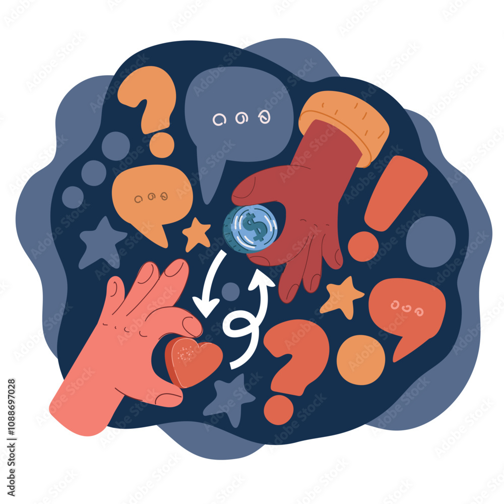 Naklejka premium Cartoon vector illustration of likes being traded for money, symbolizing social media marketing and bots over dark background