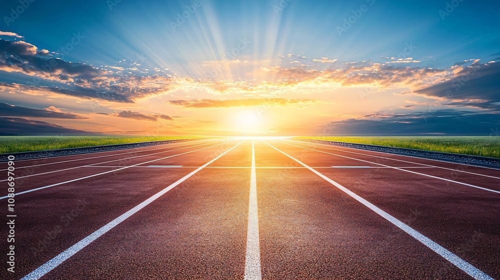Serene Running Track with Glowing Sunrise Rays Across Verdant Landscape Serene Running Track with Glowing Sunrise Rays Across Verdant Landscape