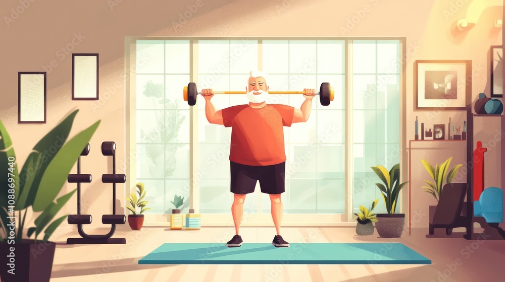 Naklejka premium Active senior workout, elderly man lifting light weights in a cozy home gym, determined and motivated, illustrations.