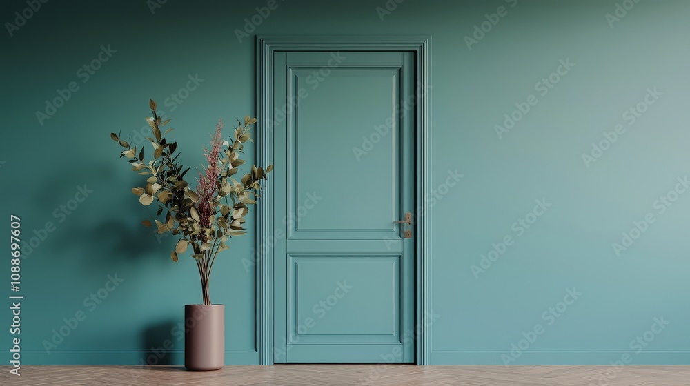 Fototapeta premium Teal Room Interior Door Plant Pot Wood Floor Minimalist Design