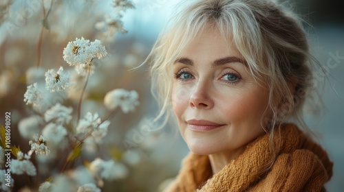 Authentic portrait of beautiful adult woman 55 years old in the background of flowers