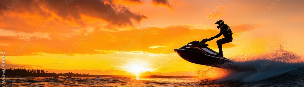 outdoor activities concept. Sunset silhouette of a jet skier jumping waves, glowing horizon and dramatic clouds, jet skiing, freedom and drama outdoor activities concept. Sunset silhouette of a jet skier jumping waves, glowing horizon and dramatic clouds, jet skiing, freedom and drama