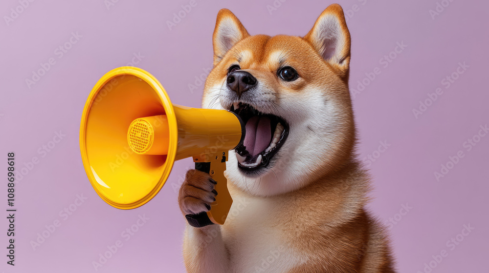 Fototapeta premium Japanese dog, Shiba Inu, purple background, megaphone, simple, cute