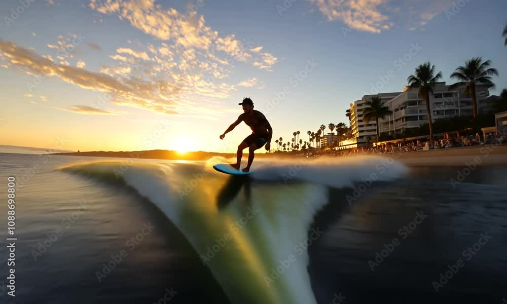 Silhouette of a surfer riding a wave at sunset, ocean background, buildings visible in distance.