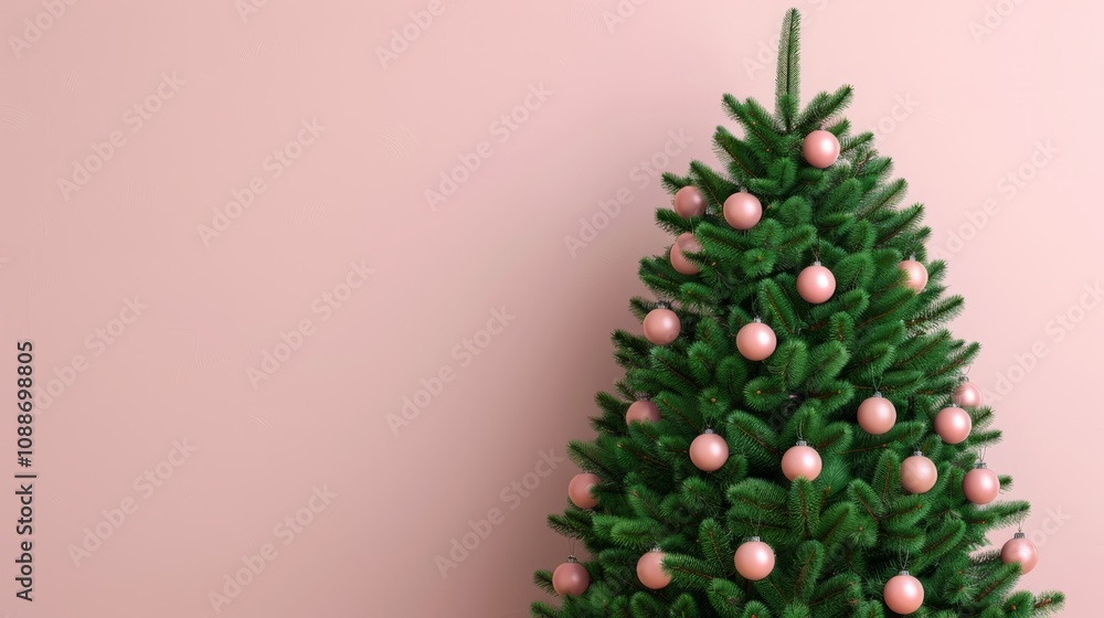 A decorated Christmas tree against a pink wall. A decorated Christmas tree against a pink wall.