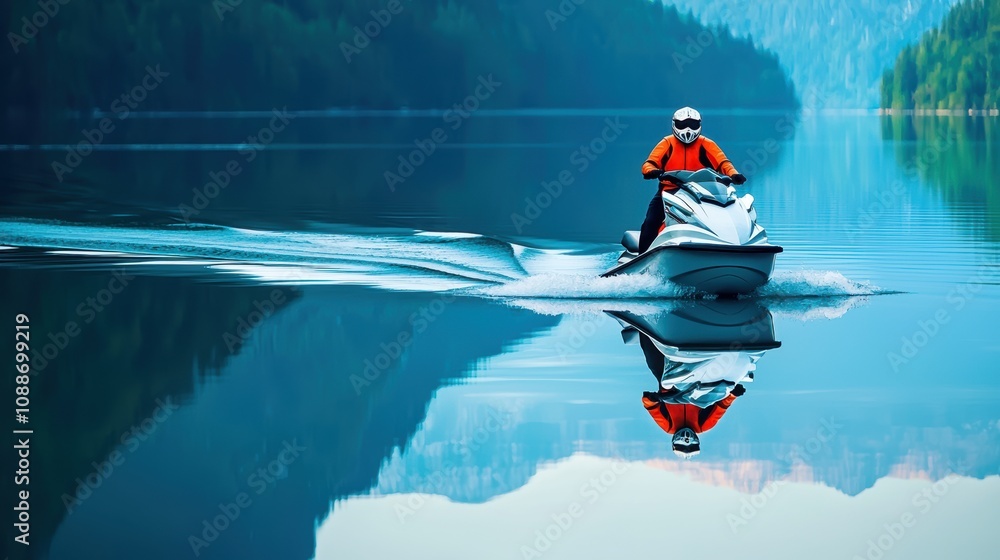 outdoor activities concept. Jet ski gliding over a reflective lake surface, creating a mirror image, emphasizing beauty and thrill outdoor activities concept. Jet ski gliding over a reflective lake surface, creating a mirror image, emphasizing beauty and thrill
