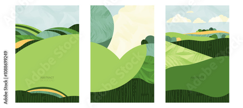 Abstract watercolor illustration of sustainable agriculture, rice, tea, wheat, corn, vineyard, soybean field. Geometric pattern, green grassland, blue sky, mountain, patchwork Vietnam Korea landscape