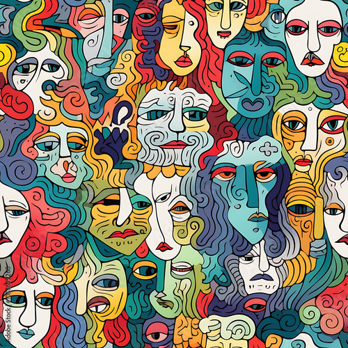 Face art, seamless pattern, the art of colorful faces is limitless