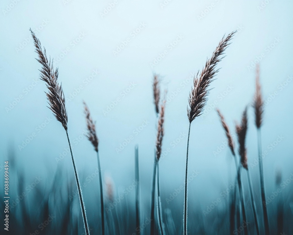 Obraz premium Foggy landscape with reeds nature scene tranquil environment misty viewpoint